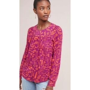 Anthropologie Toot Your Horn Blouse Size Medium Button Front Rayon Music